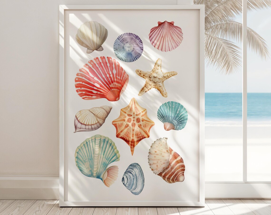 Watercolor Seashells Coastal Beach House Starfish Wall Decor Poster
