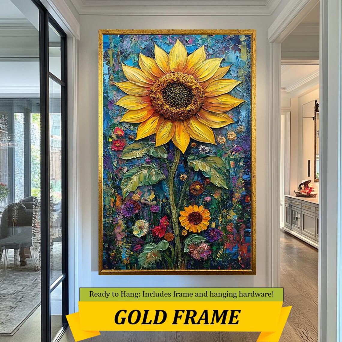 Giant Sunflower Impasto Oil Painting Teal Wildflower Garden Wall Art - Image 3