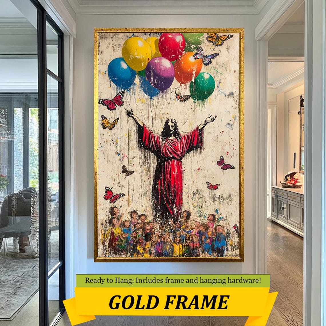 Jesus Red Robe Arms Raised Crowd Balloons Butterfly Street Art Poster - Image 3