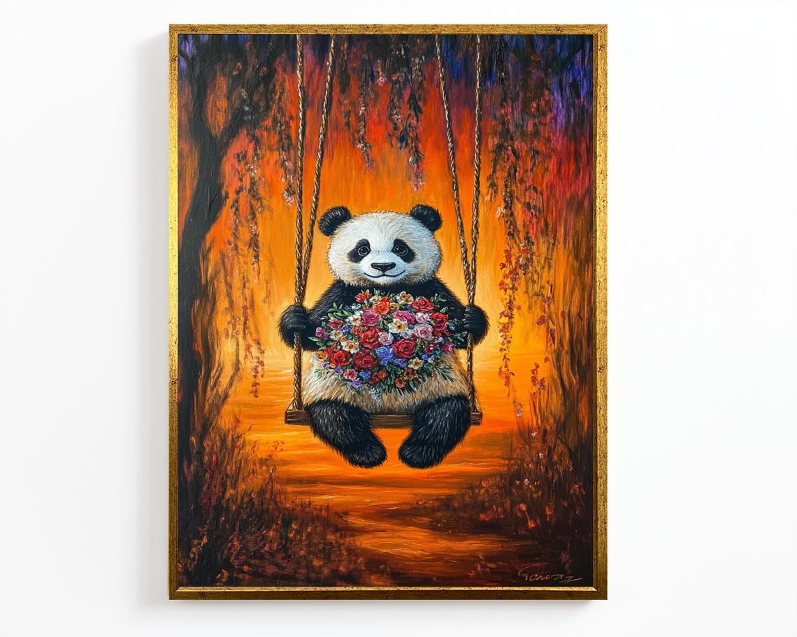 Sweet Panda On Swing Holding Flowers Orange Willow Sunset Wall Art - Image 2