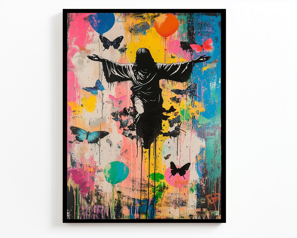 Jesus Silhouette Ascending Butterflies Multicolor Drip Street Art Poster - Image 2