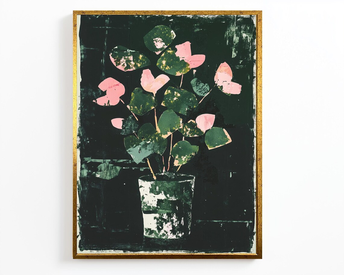 Heart Leaves Potted Plant Dark Distressed Botanical Art Print Poster - Image 2