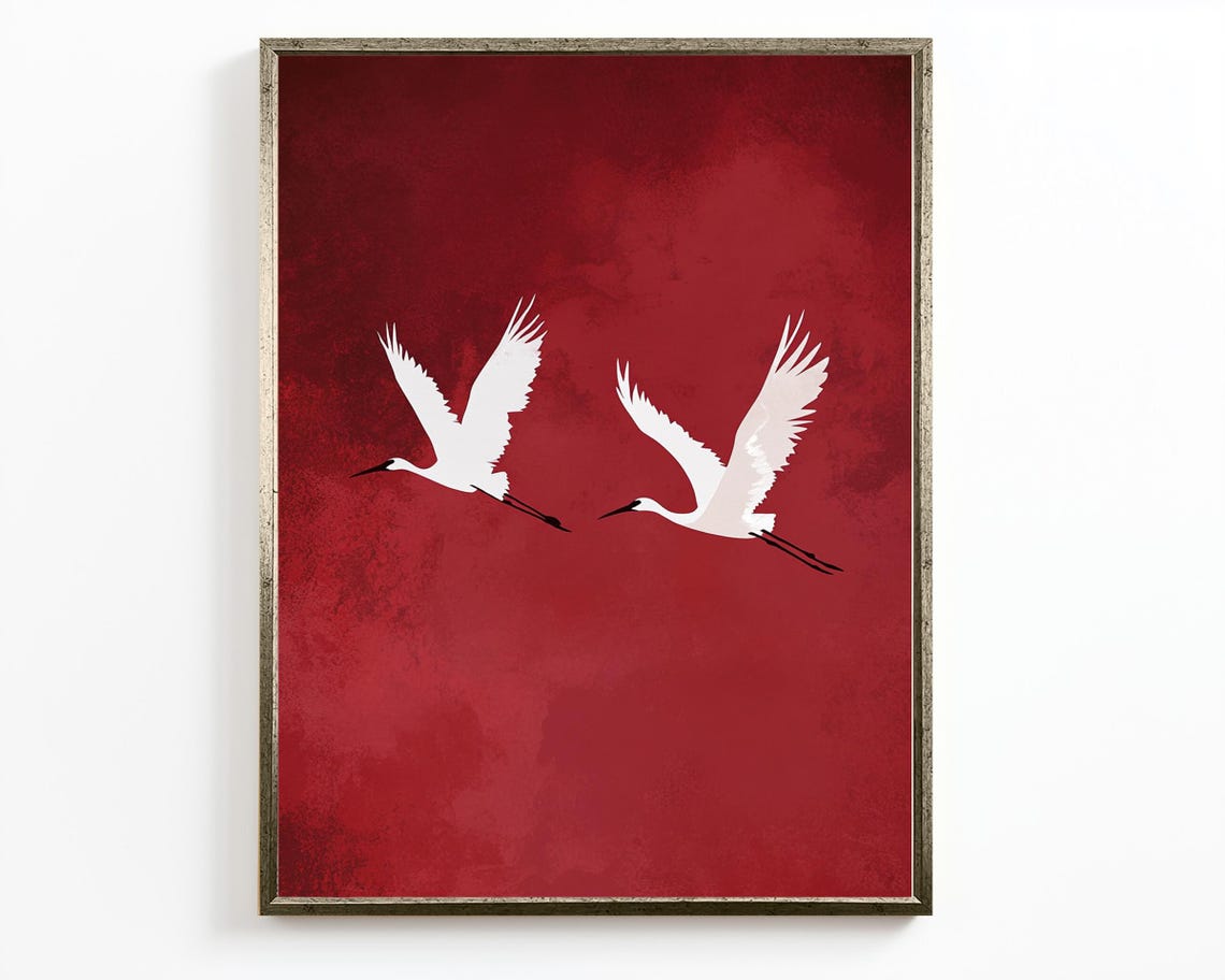 Minimalist White Cranes in Flight Deep Red Textured Zen Wall Art - Image 2