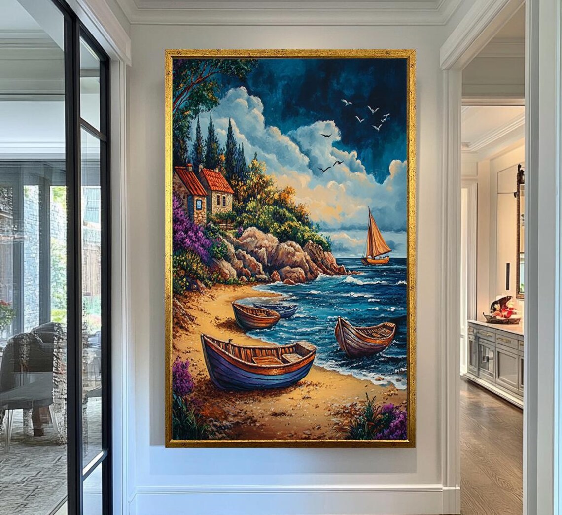Seaside Village Fishing Boats Coastal Oil Painting Sailboat Ocean Wall Art