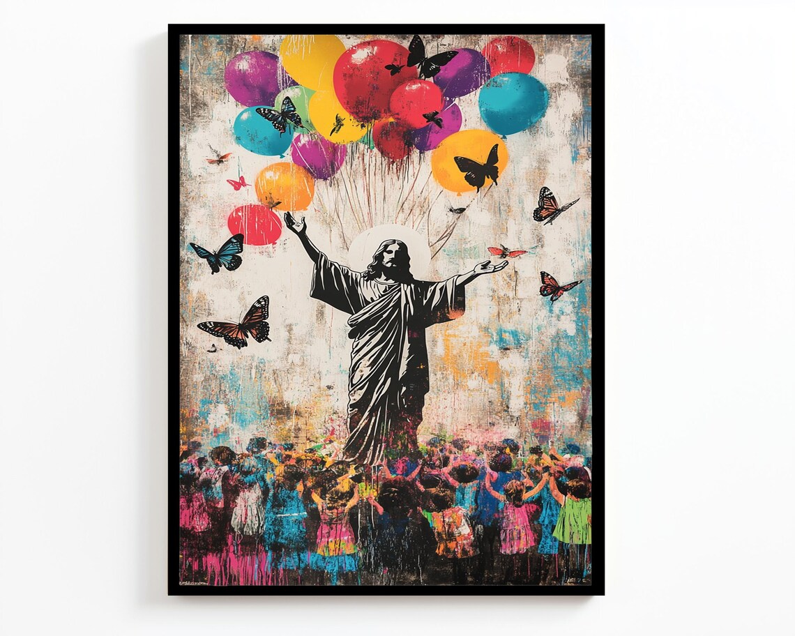 Jesus Arms Outstretched Crowd Balloons Butterflies Festive Street Art Poster - Image 2