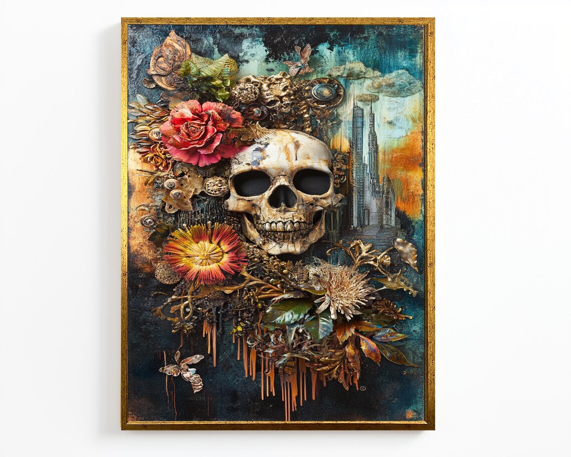 Gothic Floral Skull Steampunk Roses Teal Maximalist Dark Wall Art - Image 2