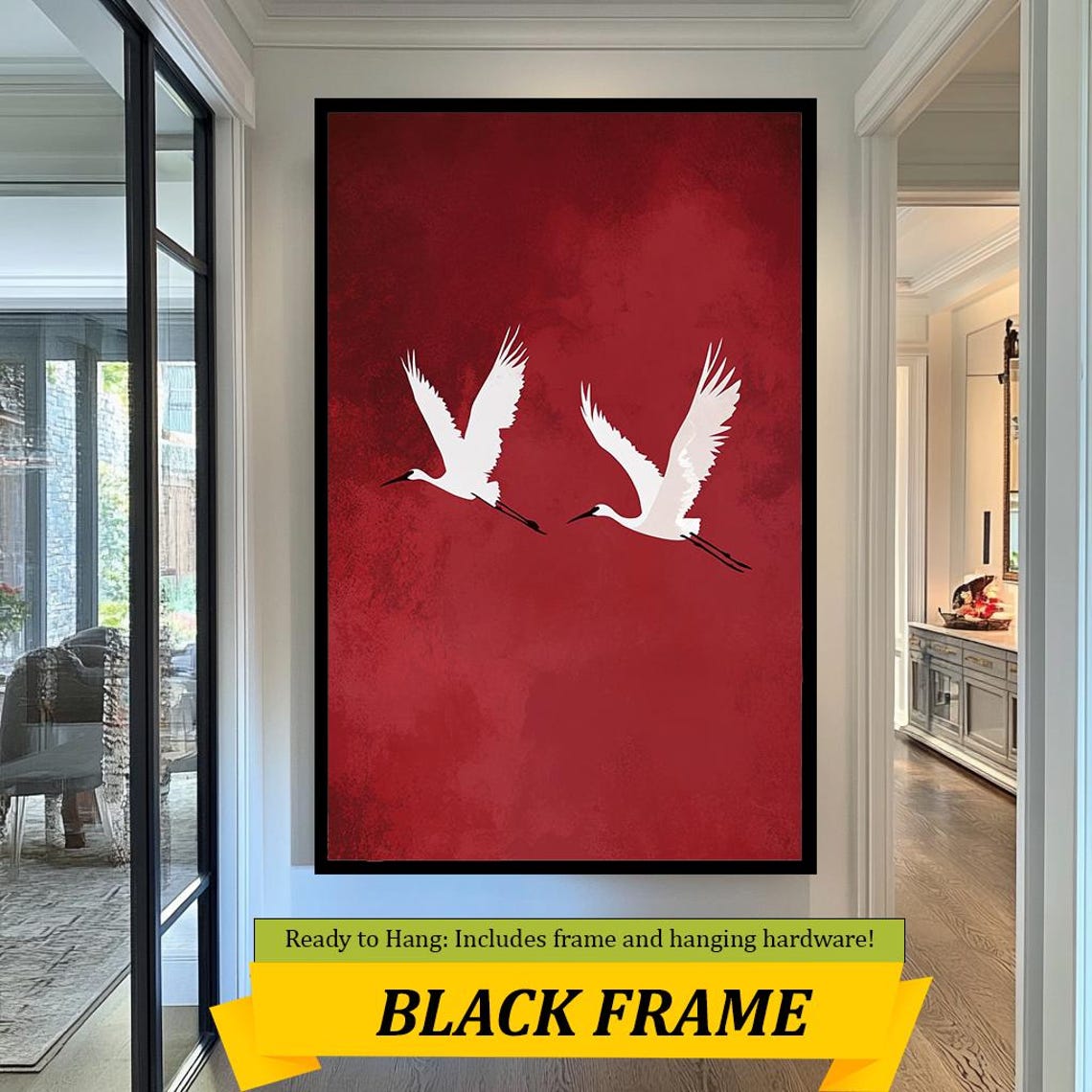 Minimalist White Cranes in Flight Deep Red Textured Zen Wall Art - Image 3