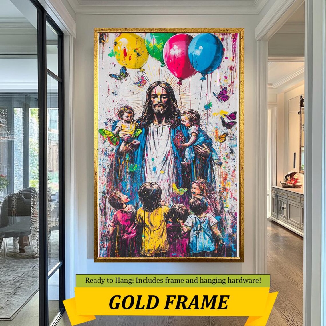 Jesus Holding Children Balloons Butterflies Colorful Drip Painting Poster - Image 3