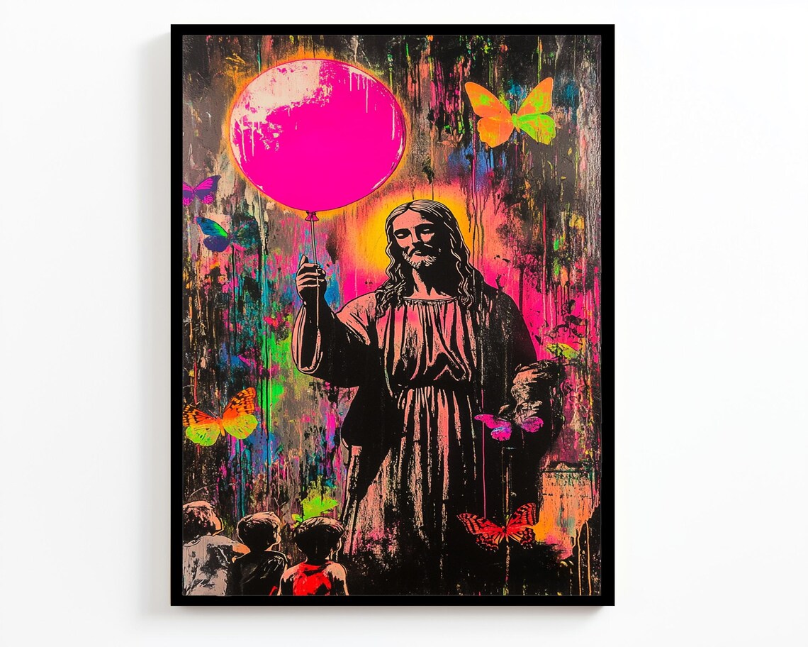 Jesus Holding Pink Balloon Children Graffiti Neon Butterfly Wall Art - Image 2