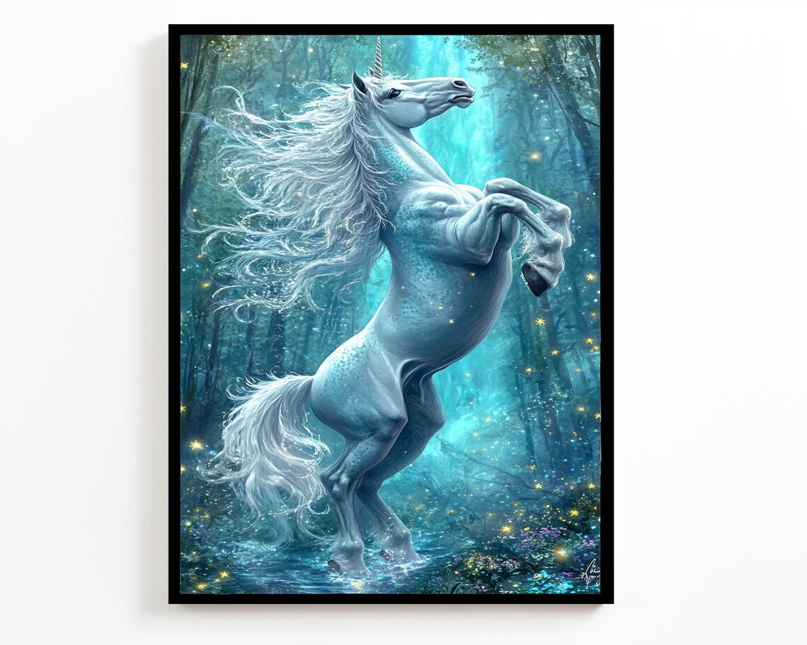 Majestic White Unicorn Rearing Mystical Teal Forest Fantasy Wall Art Poster - Image 2