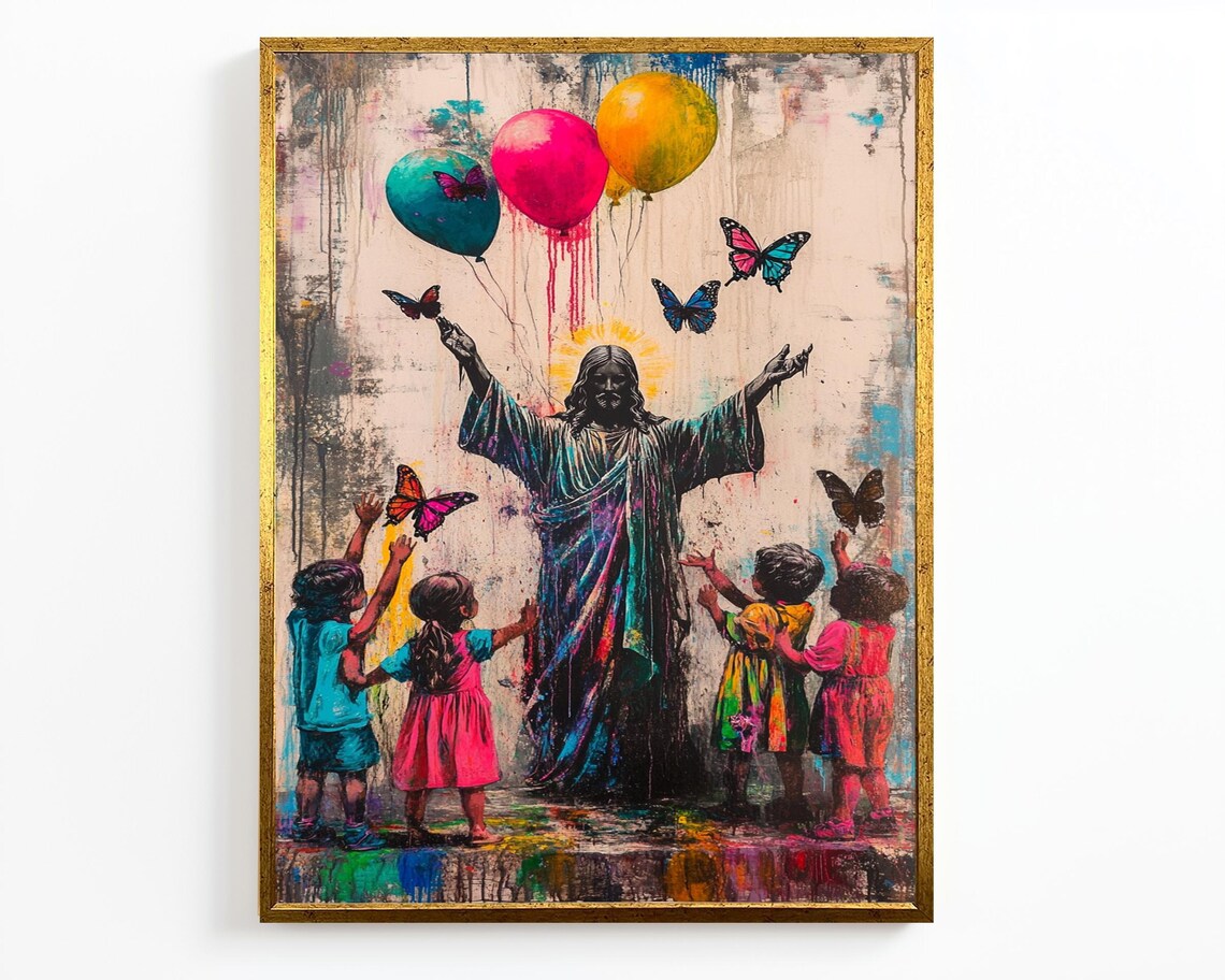 Haloed Jesus Multicolor Robe Children Balloons Butterfly Drip Art Poster - Image 2