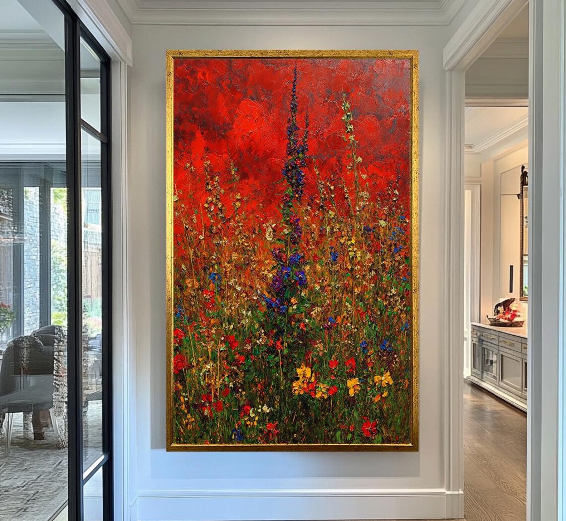 Red Sunset Wildflower Garden Impasto Poppies Meadow Painting Wall Art