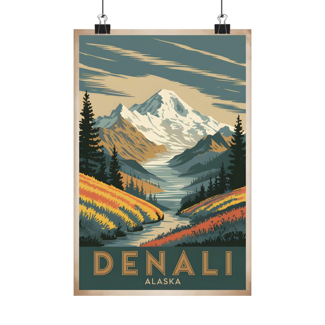 Denali Alaska Vintage Travel Snow Mountain Landscape Scenic Poster