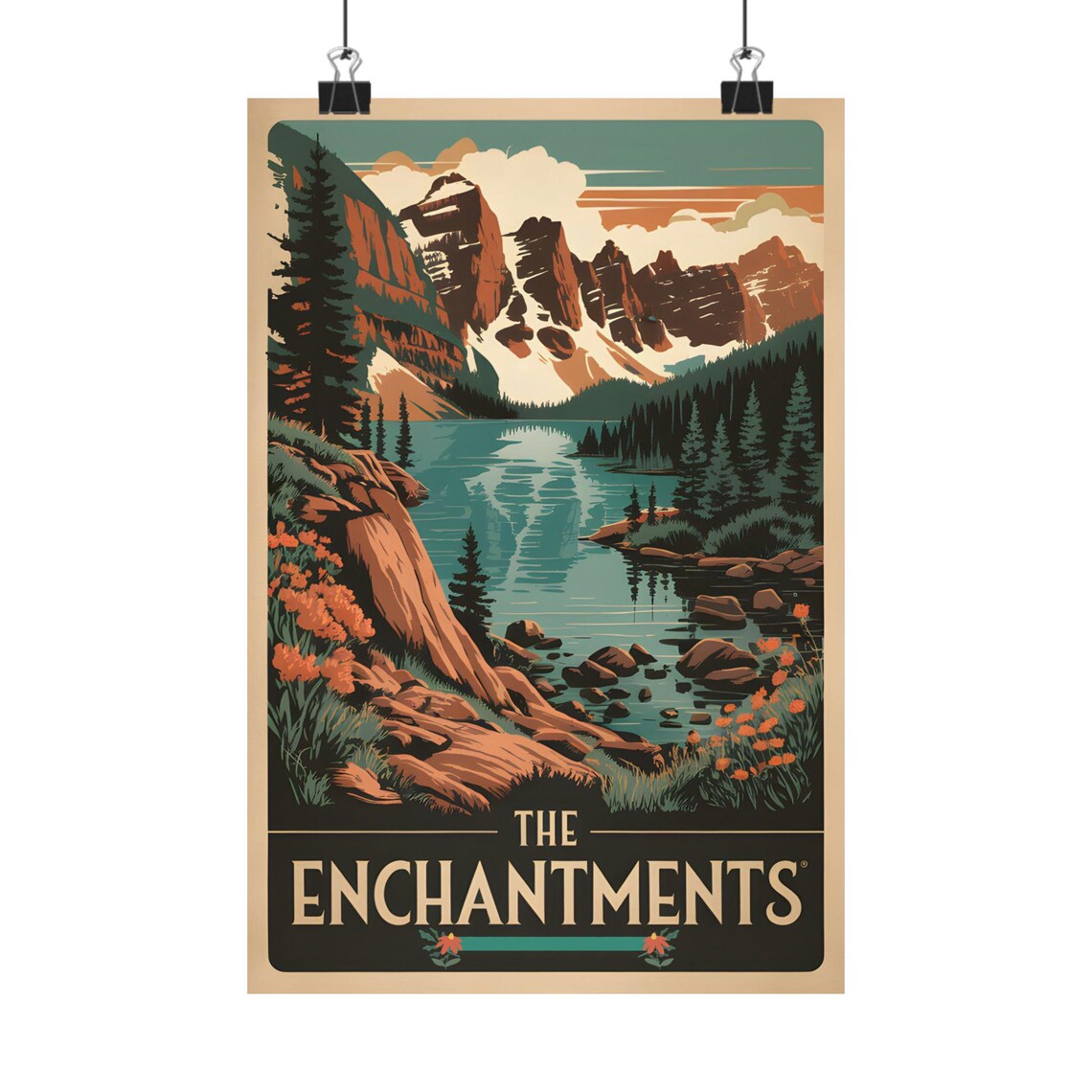 The Enchantments Vintage Mountain Poster Alpine Lake Peaks Wildflower Scene