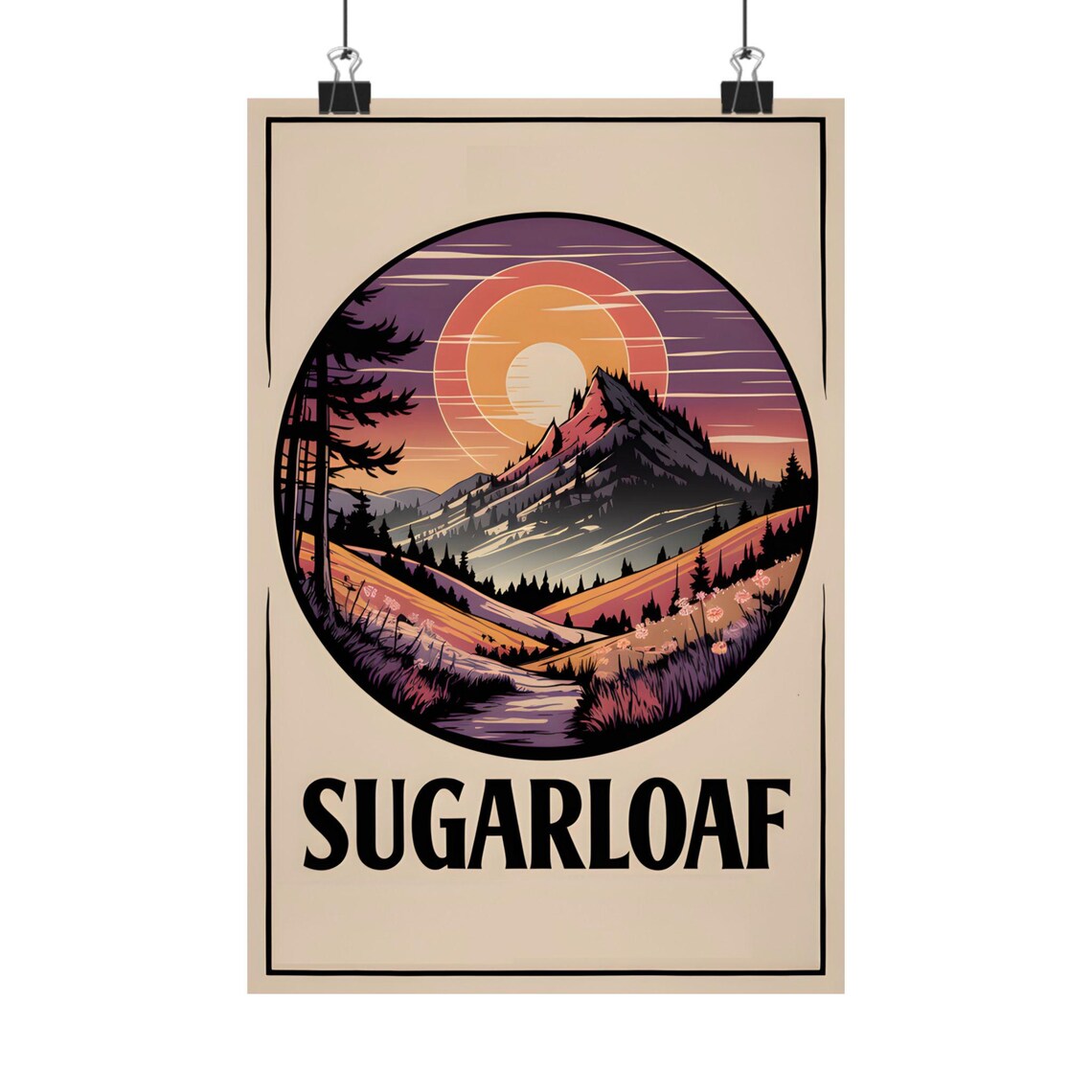 Sugarloaf Mountain Sunset Circle Badge Trail Vintage Nature Art Poster