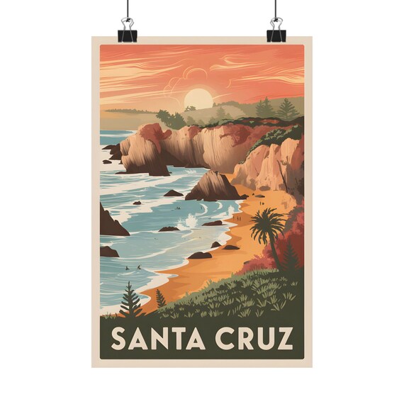 Santa Cruz Sunset Beach Cliffs Surfers Vintage California Travel Poster