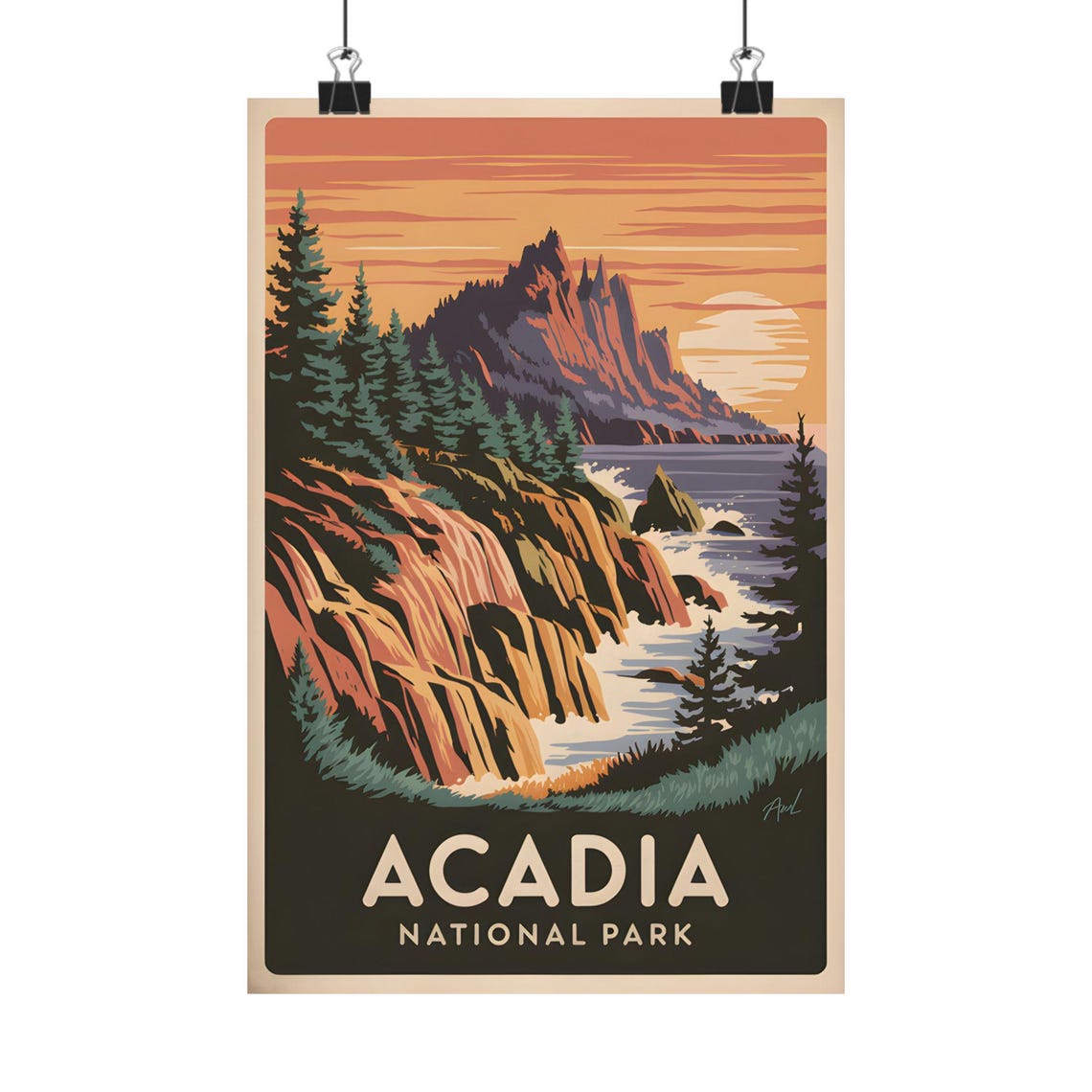 Acadia National Park Rocky Coast Sunset Cliffs Vintage Travel Poster