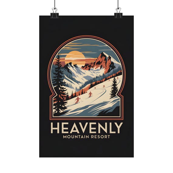 Heavenly Mountain Resort Vintage Ski Artwork Poster Winter Landscape Wall Decor Cabin Outdoor Adventure Print