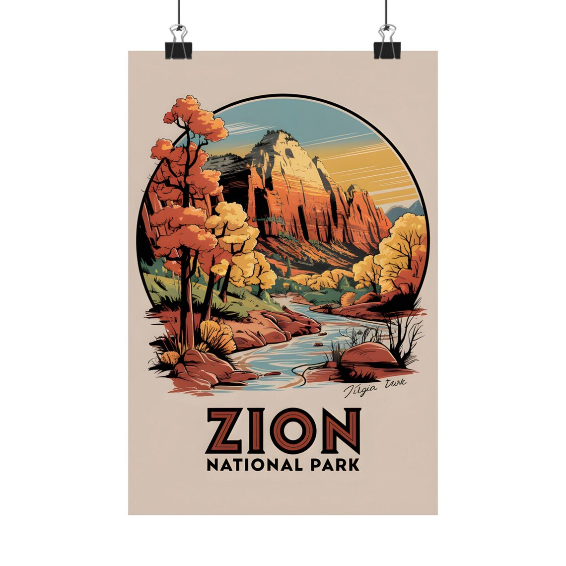 Zion National Park Circle Badge Autumn Canyon Vintage Travel Poster