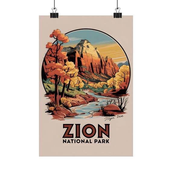 Zion National Park Circle Badge Autumn Canyon Vintage Travel Poster