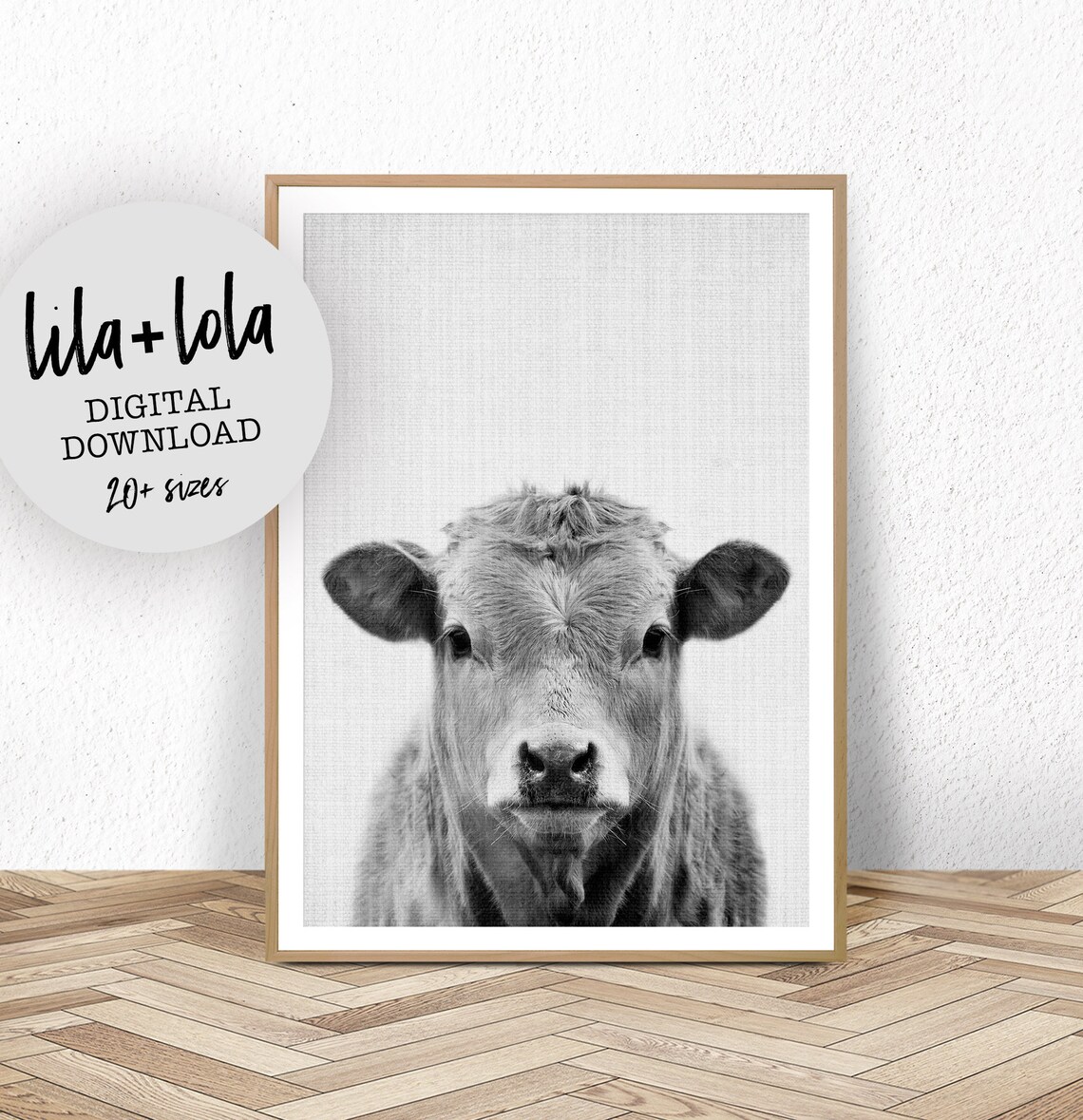 Highland Cow Calf Black and White Portrait Nursery Wall Poster
