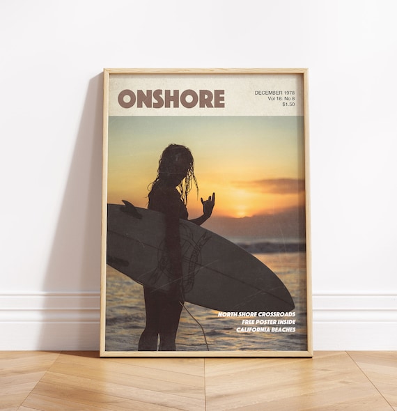 Onshore Vintage Surf Magazine Cover Surfer Girl Sunset Style Poster
