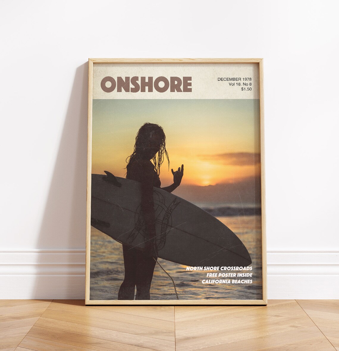 Onshore Vintage Surf Magazine Cover Surfer Girl Sunset Style Poster
