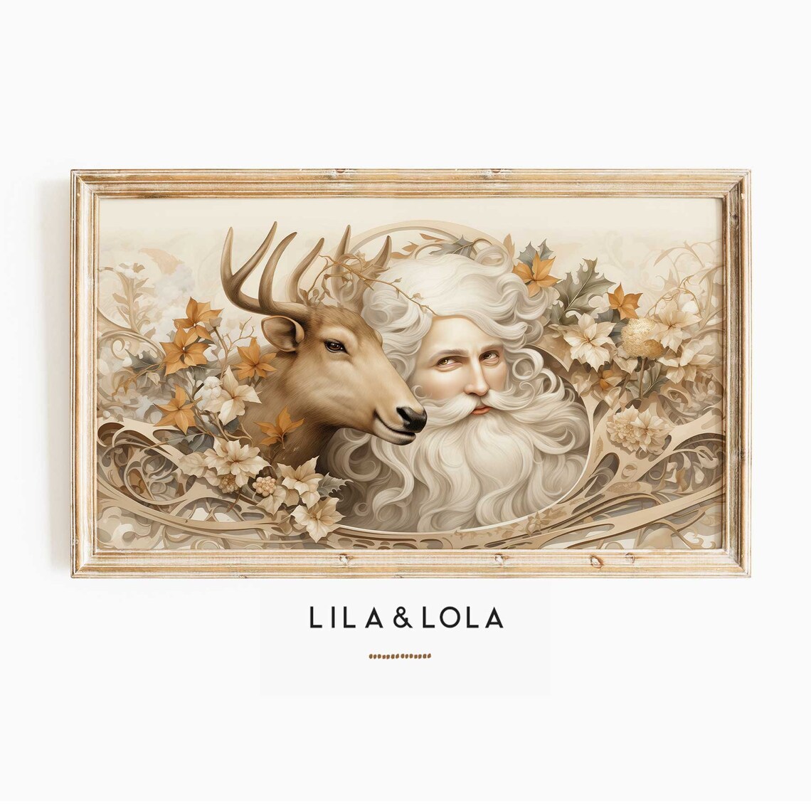 Vintage Santa With Reindeer Neutral Christmas Holiday Wall Art
