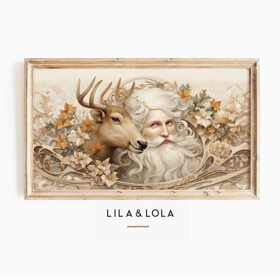 Vintage Santa With Reindeer Neutral Christmas Holiday Wall Art