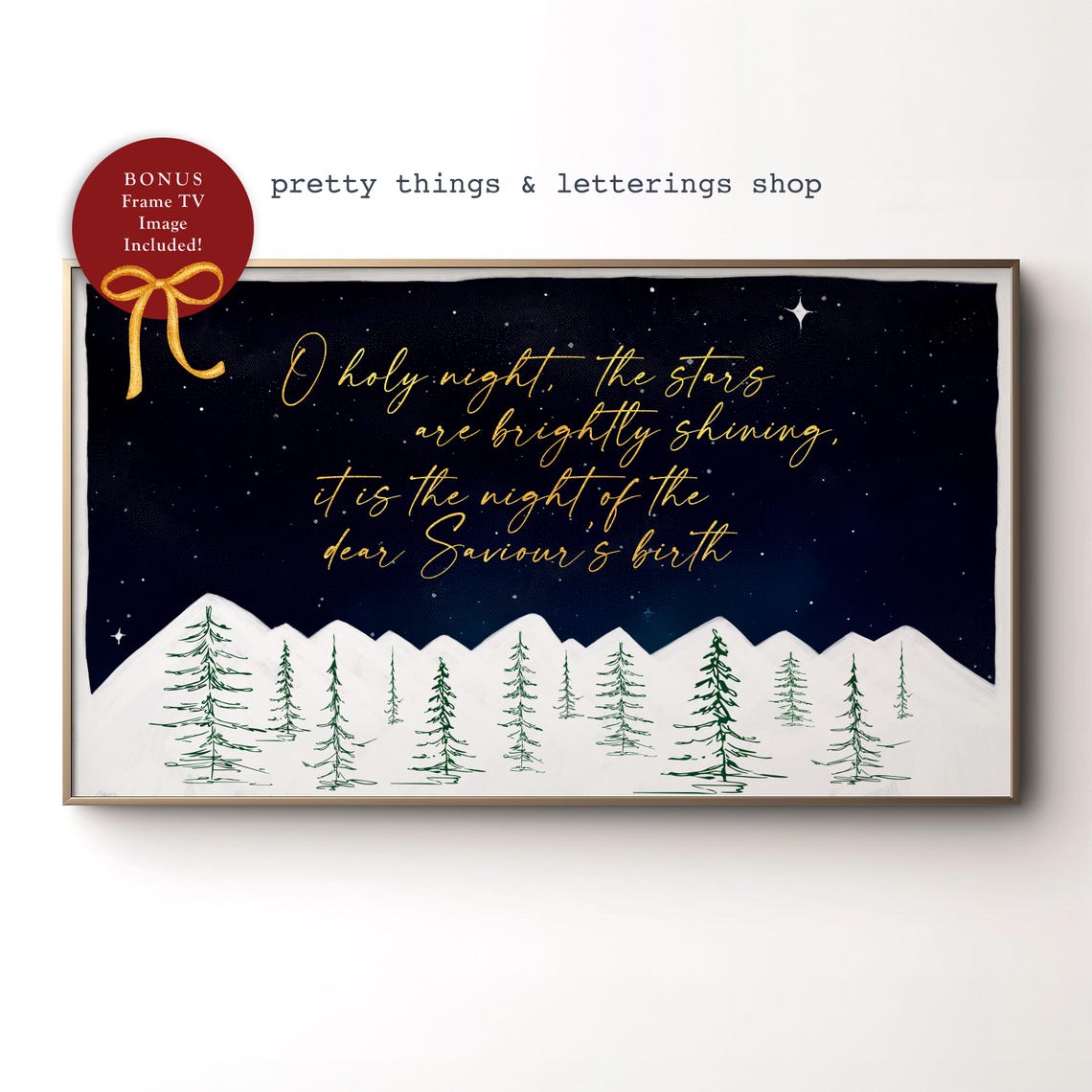 O Holy Night Christmas Poster Navy Starry Night Pine Trees Print