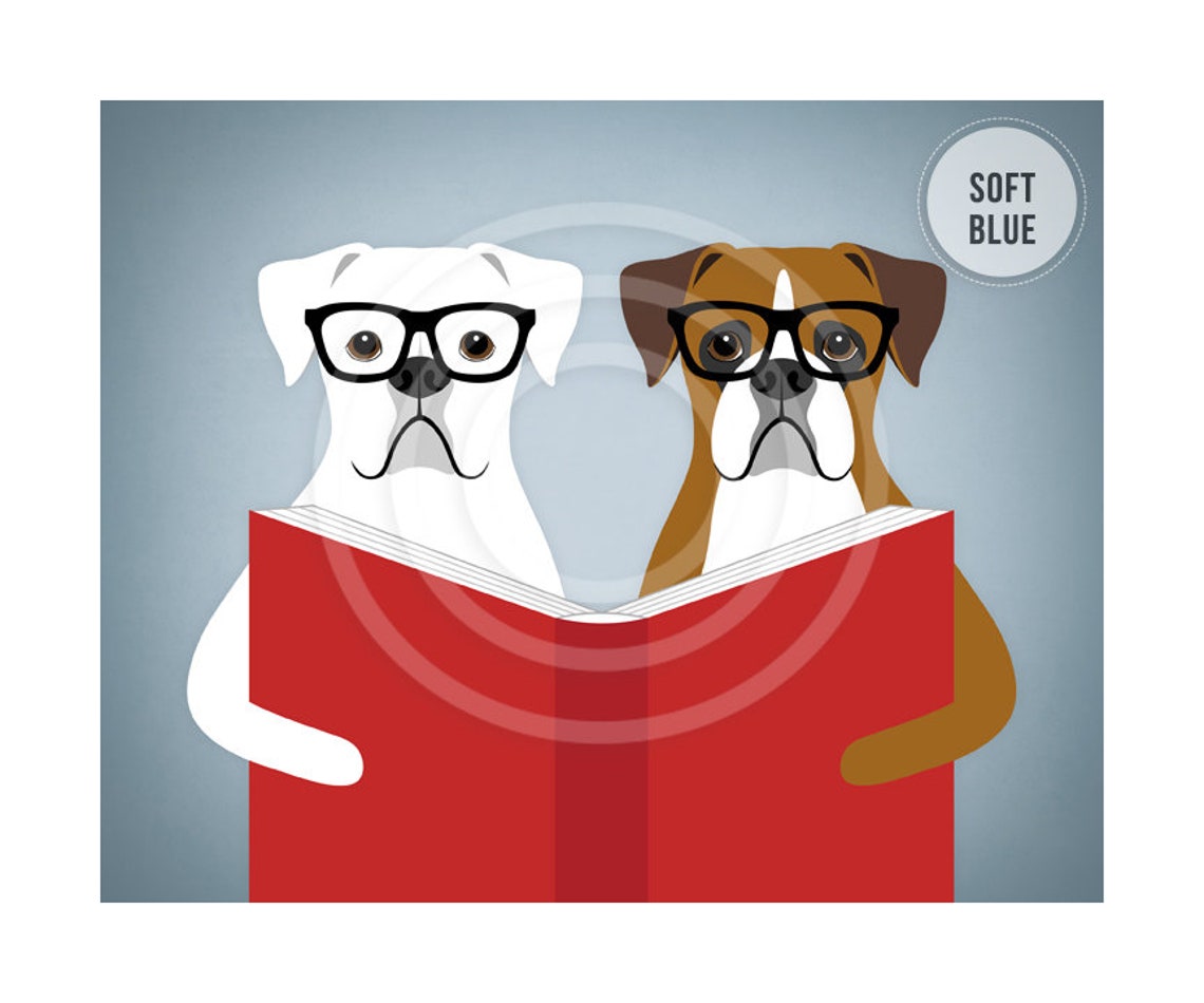Two Boxer Dogs Wearing Black Glasses Reading a Book Funny Poster - Image 2