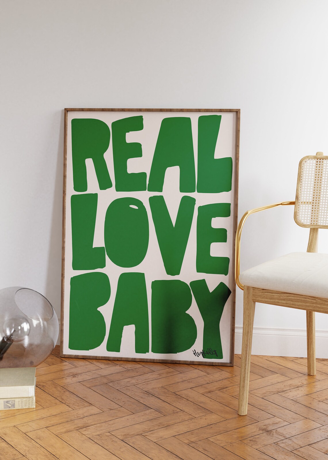 Real Love Baby Bold Green Typography Poster for Modern Home Decor