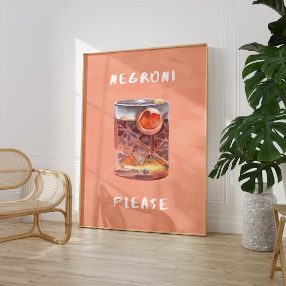 Negroni Please Cocktail Poster Watercolor Bar Cart Kitchen Peach Wall Decor