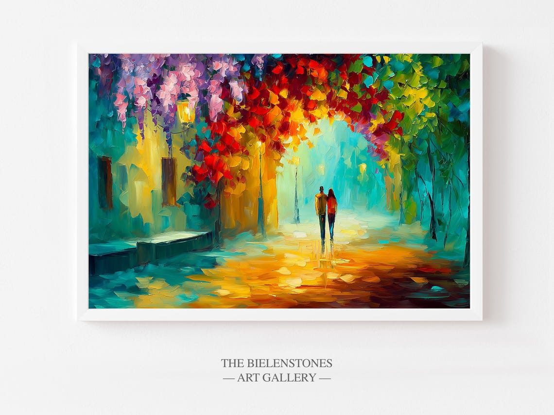 Romantic Evening Walk Colorful Impressionist Couple Alley Poster