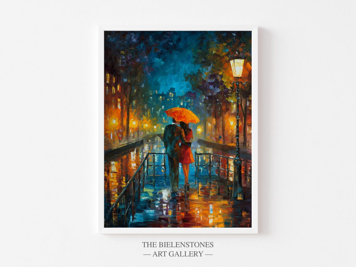 Romantic Amsterdam Canal Couple Rain Red Umbrella Night Poster