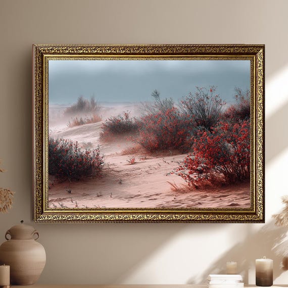 Desert Landscape Wall Art With Red Wildflowers And Misty Sand Dunes Minimal Nature Photography Print For Modern Home Decor