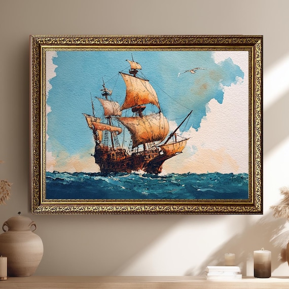 Vintage Sailing Ship Watercolor on Turquoise Ocean Waves Poster