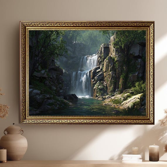 Lush Forest Waterfall Rocky Canyon River Tranquil Nature Poster