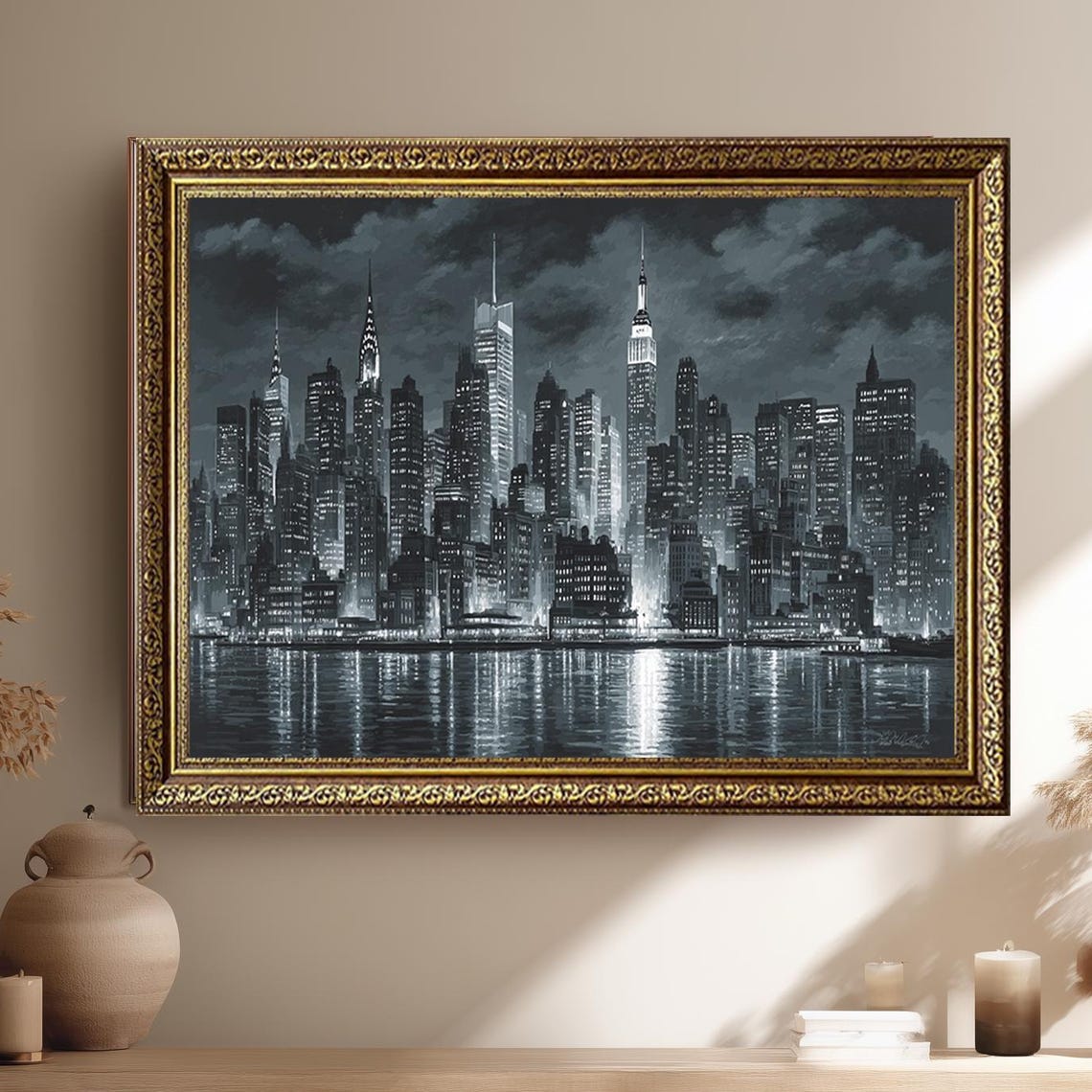 New York City Skyline Black and White Night Lights Reflection Poster