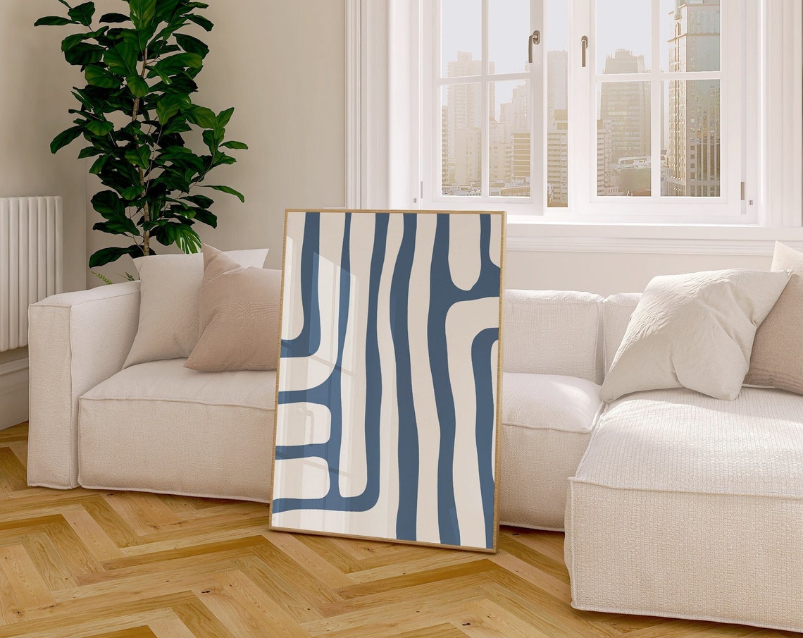 Blue Organic Wavy Lines Modern Abstract Minimalist Art Poster