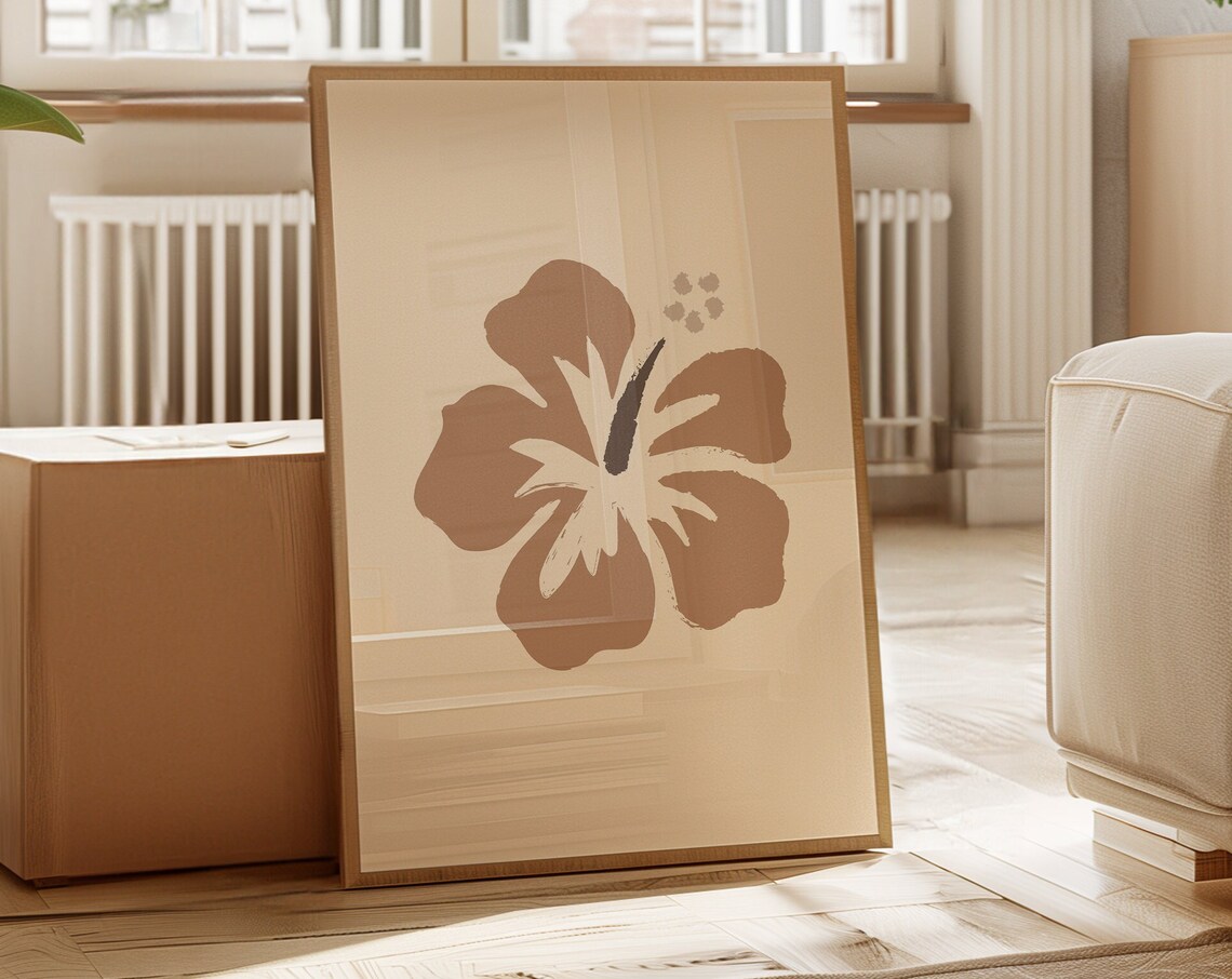 Neutral Brown Hibiscus Flower Abstract Boho Botanical Art Poster