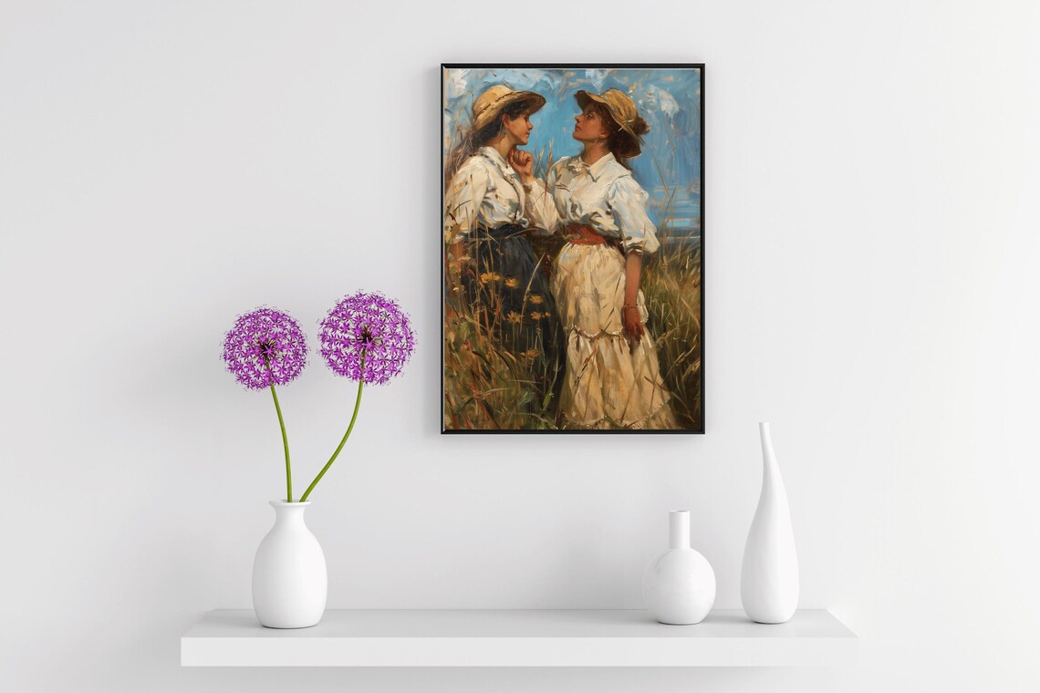 Two Young Women Golden Field Vintage Figurative Oil Painting Print - Image 3
