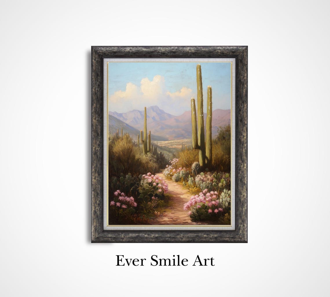 Desert Trail Pink Blooming Cacti Saguaro Mountain Landscape Poster