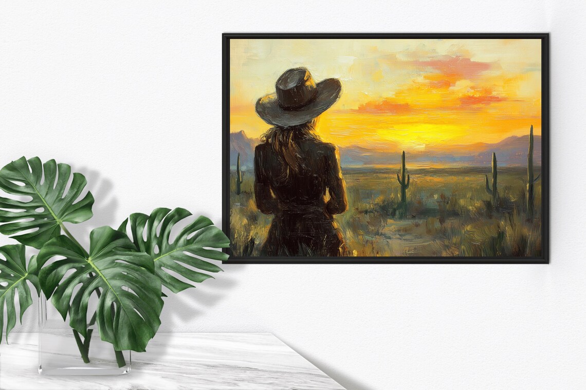 Cowgirl Watching Desert Sunset Vintage Western Oil Painting Poster - Image 4