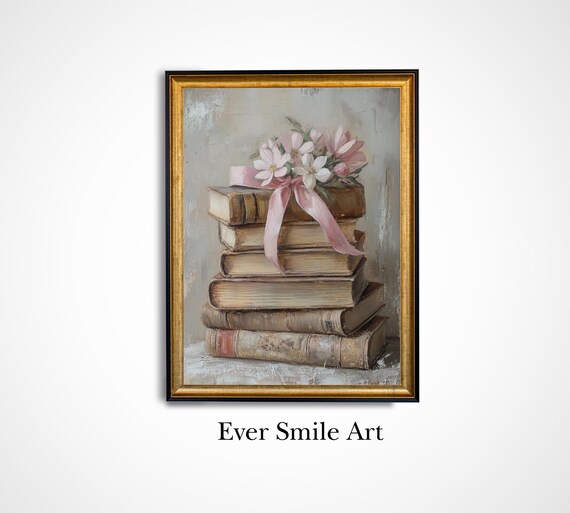 Stack Of Vintage Books With Pink Ribbon Floral Oil Painting Poster