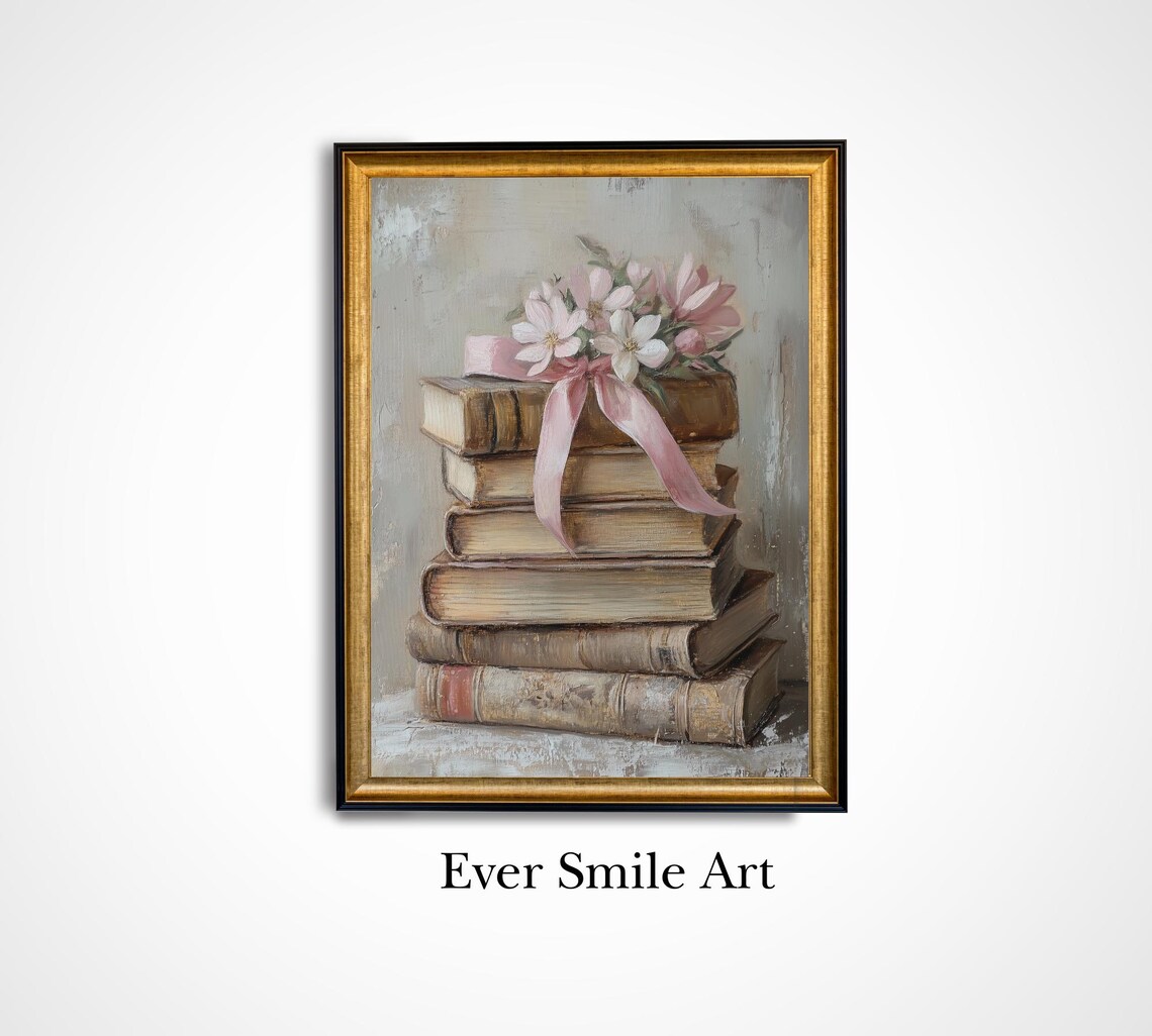 Stack Of Vintage Books With Pink Ribbon Floral Oil Painting Poster