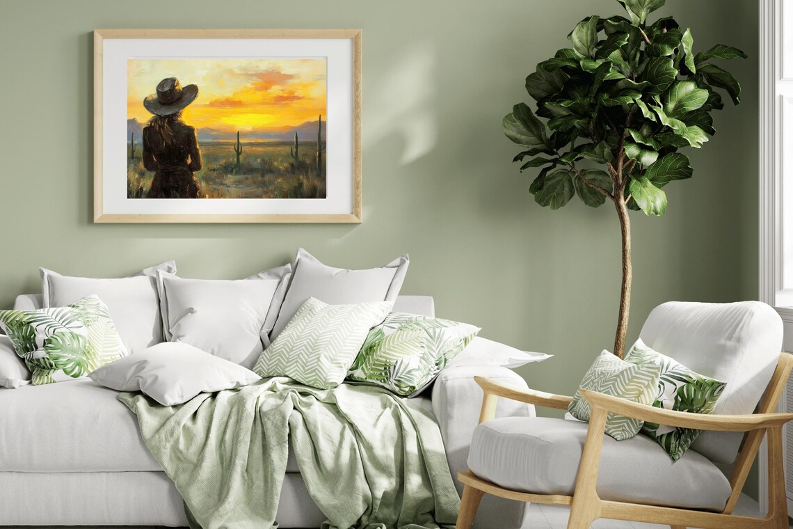 Cowgirl Watching Desert Sunset Vintage Western Oil Painting Poster - Image 5