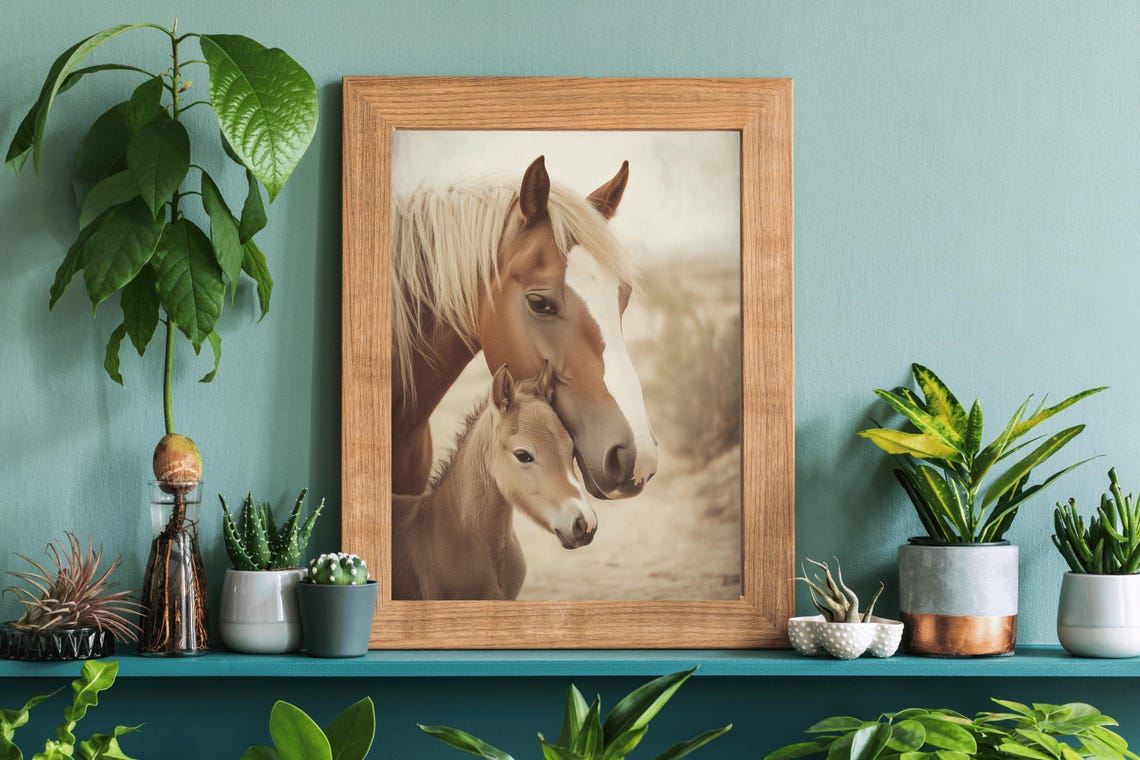 Mare And Foal Tender Horse Portrait Vintage Rustic Wall Art Poster - Image 4