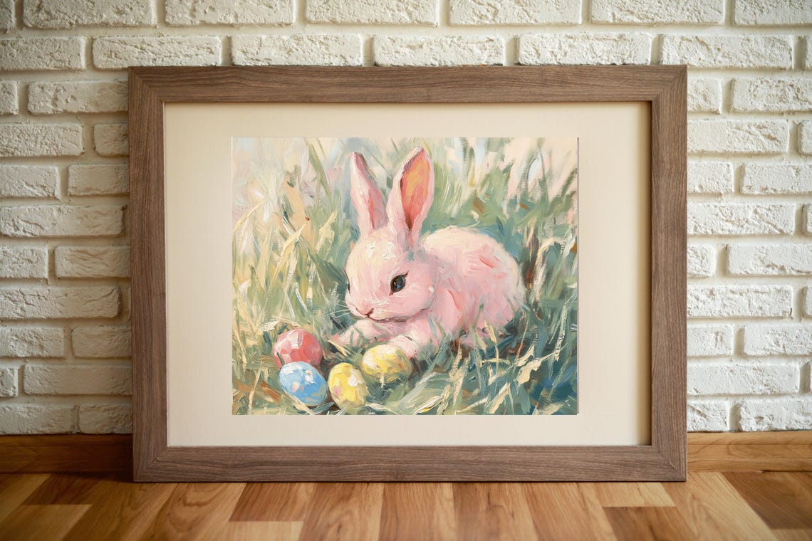 Pink Easter Bunny With Painted Eggs Vintage Spring Grass Art Poster - Image 3
