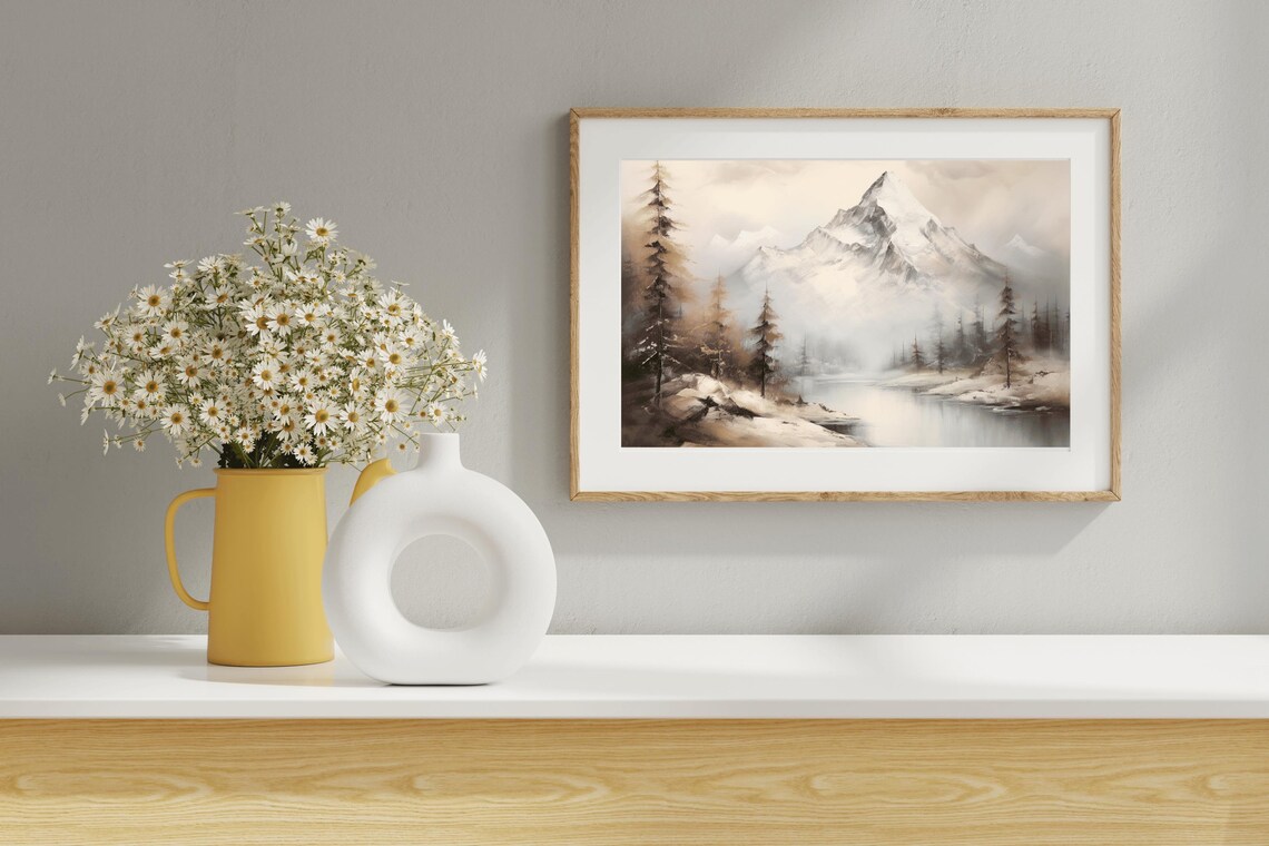 Snowcapped Peak Calm Lake Pines Vintage Sepia Oil Painting Print - Image 5